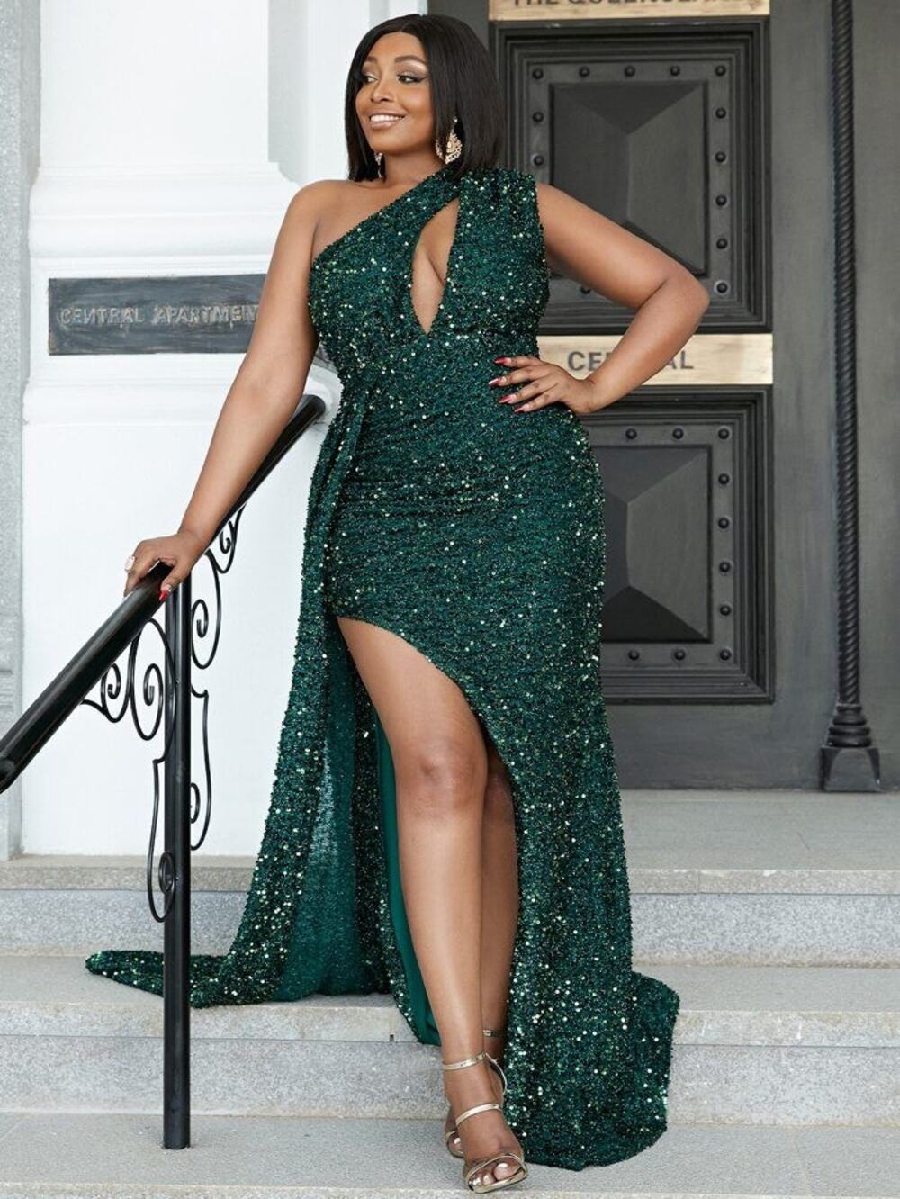 Emerald Green Sequin One Shoulder Keyhole Cutout High Slit Gown